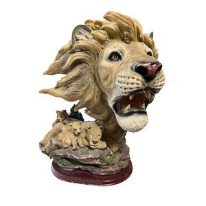 Large Lion Head Resin Bust Statue Wood Base Cubs Trees Realistic King Jungle REA